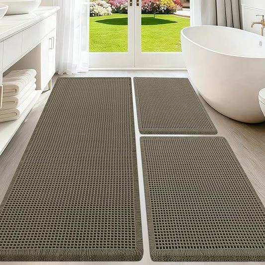Upgraded Waffle Bath Mat Set 3 Piece Greyish Green, Super Absorbent Non-Slip Quick Dry Bathroom Rugs with Tassels, Machine Washable Ultra Soft Boho Bath Rugs for Floor, Bath Mats Boho Farmhouse Decor