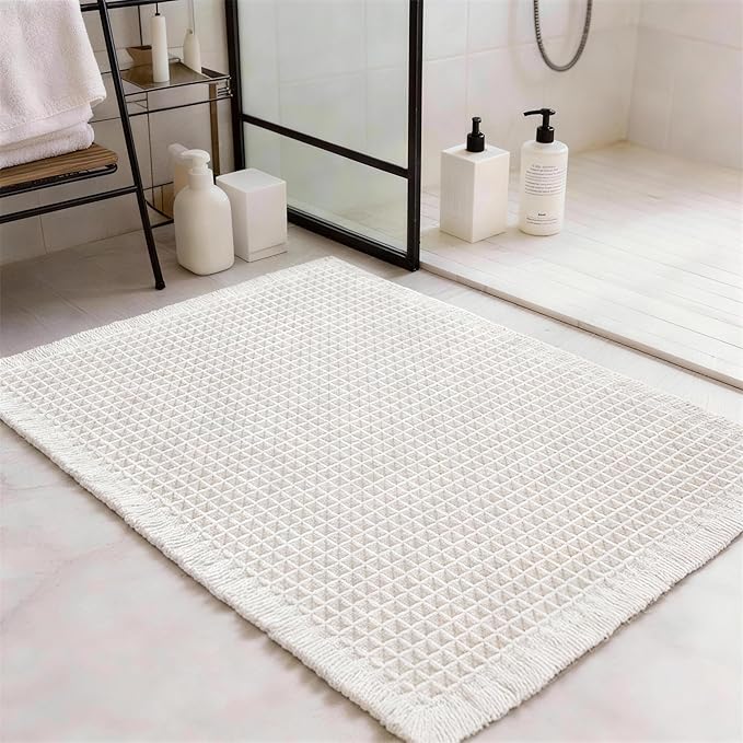 Waffle Bathroom Rugs, Large Non Slip Absorbent Waffle Knit Bath Mat for Shower Floor, Tub and Bathroom Door, Ultra Soft Quick Dry, Cream White, 24"x36"
