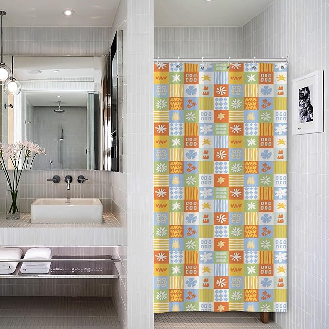 Boho Checkered Floral Shower Curtain Set Multicolored Geometric Flower Print Shower Curtains for Bathroom Waterproof Fabric Bathtub Decorations with Hooks 36x72 Inches
