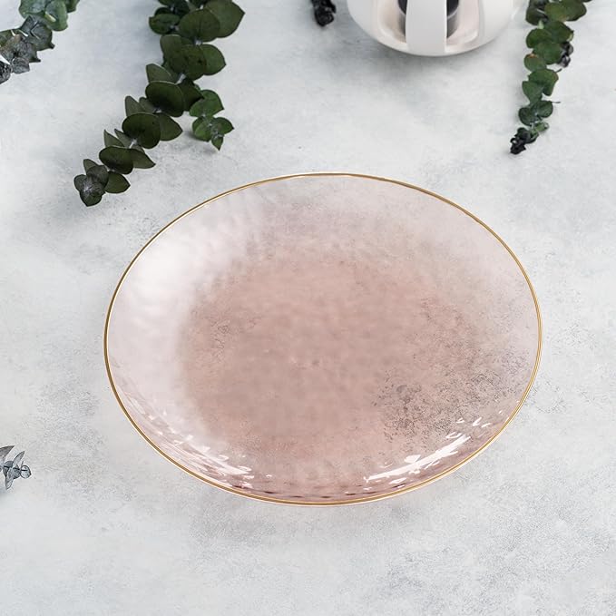 PLASTICPRO 30 Pack Hammered Plastic Plates Heavyweight Disposable Plastic Plates Elegant Rose Color with Gold Rim Platsic Party Dishes (Hammered Rose With Gold Rim, 9'' INCH PLATES)