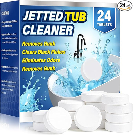 Jetted Tub Cleaner Tablets (24 Count) - Effective Whirlpool & Hot Tub System Flush - Eliminates Soap Scum, Gunk, and Stubborn Black Flakes - Heavy Duty Formula for Clean & Odor-Free Pipes