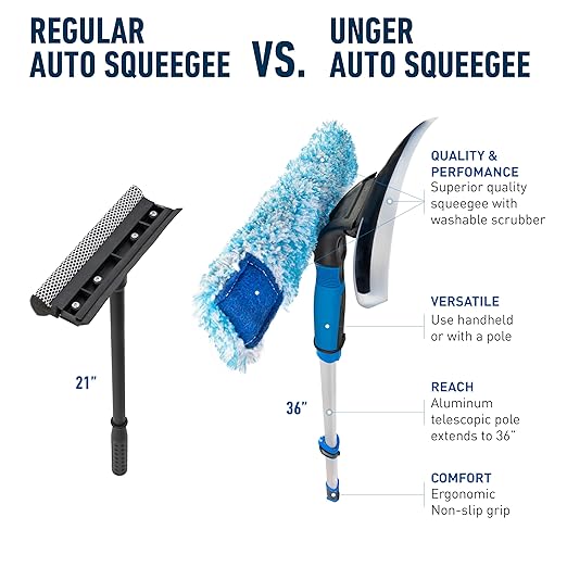Unger 10" Curved Silicone Auto Squeegee with 3' Telescopic Pole, Flexible Blade for Window Curves, Windshield Cleaner Tool, Non-Scratch Microfiber Sleeve for Streak-Free Results, Machine Washable