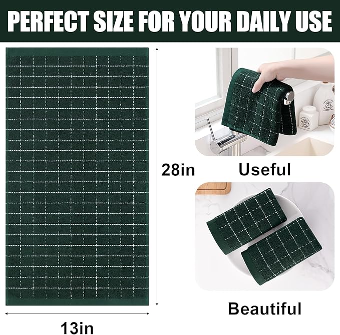 Homaxy 100% Cotton Terry Kitchen Towels(Blackish Green, 13 x 28 inches), Checkered Designed, Soft and Super Absorbent Dish Towels, 6 Pack