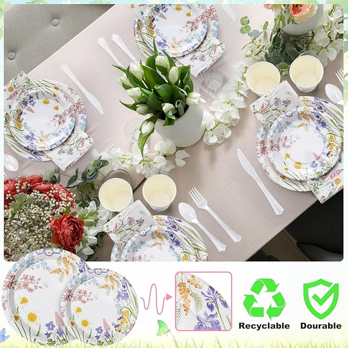 FillTouch 350 Pcs Floral Party Supplies Set Wildflower Disposable Paper Plates Flower Napkins Cups Knives Forks Spoons for 50 Guests Spring Summer Garden Tea Party Baby Shower Birthday