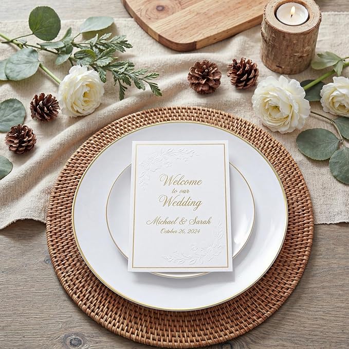 KIRE 200PCS Gold Plastic Plates - Disposable Plates for Party - White Plastic Plates with Gold Rim Include 100 for Dinner and 100 for Dessert/Salad in Wedding/Party/Spring/Graduation