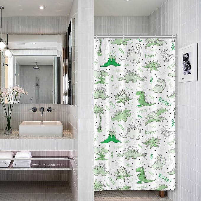 Baocicoo Cute Cartoon Dinosaur Shower Curtain Sets Green Animals Plants Bath Curtain for Boys Girls Bathroom Decorations Polyester Fabric Waterproof Curtains for Bathroom with Hooks 36x72 Inches