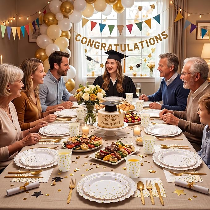 175 Pcs White and Gold Paper Plates and Napkins, Disposable Gold Party Dinnerware Include Scalloped Party Plates Napkin Cups Plastic Cutlery for Birthday Wedding Graduation Congratulations