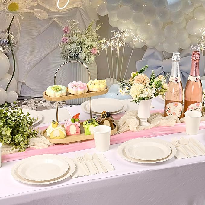 175 PCS Ivory Paper Plates and Napkins Tableware Set, Ivory Party Supplies for 25 Guests Include Scalloped Plate Paper Napkins Cups Knife Fork Spoon for Baby Shower, Birthday, Wedding