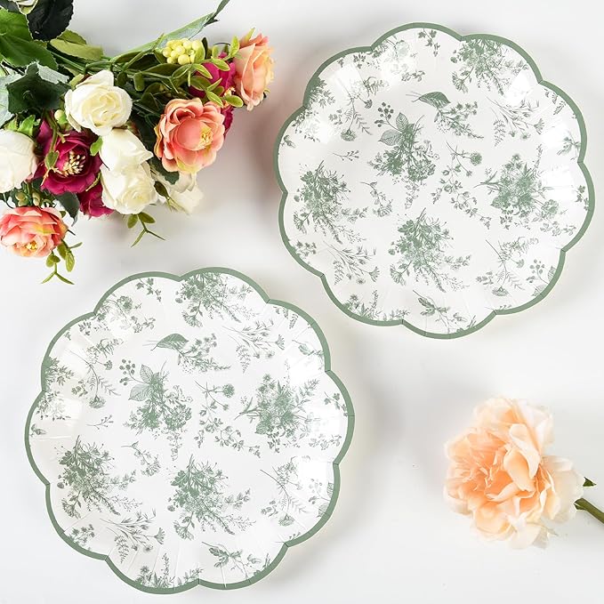 24Pcs Sage Green Floral Party Plates 7" Vintage Floral Leaf Disposable Paper Plates Wildflower Toile Small Scalloped Dessert Plate for Spring Easter Birthday Bridal Tea Party Supplies