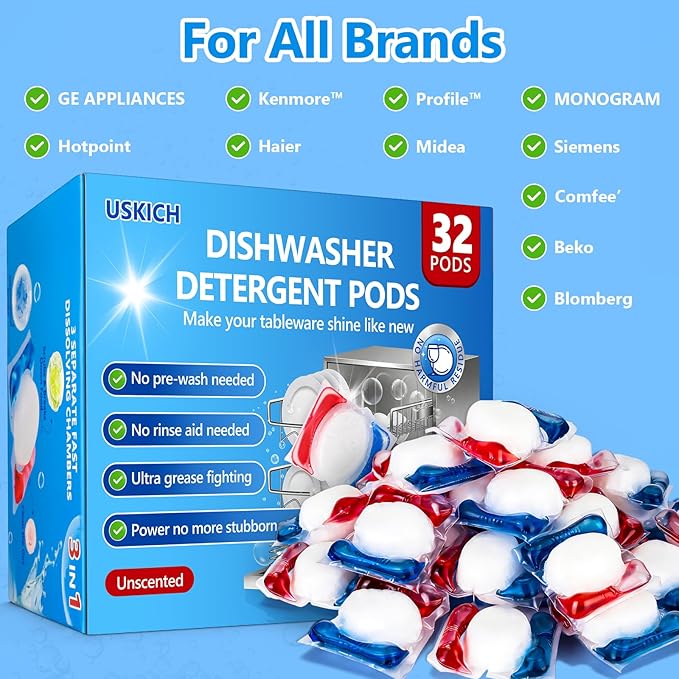 32 Count Dishwasher Pods, No Pre-Rinse Dishwasher Detergent Soap On Stain and Grease, Leaving a Virtually Spotless Shine,Dishwasher Detergent for Deep Cleaning