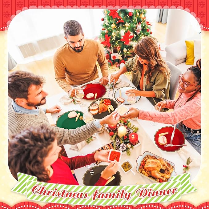 96 Pcs Christmas Paper Plates 7 Inch Red Green White Dessert Scalloped Edge Disposable Dinner Plates for Fall Halloween Wedding Birthday Baby Shower Party Supply