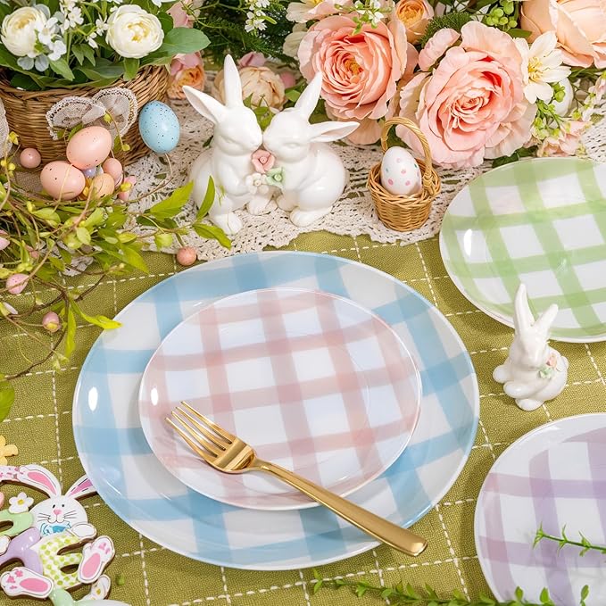 Liacere 32PCS Colorful Gingham Plastic Plates - Pink Green Gingham Plastic Plates Purple Blue 4 Colors Disposable Tableware Party Wedding Spring Holiday Supplies＆Summer ＆ Easter Day