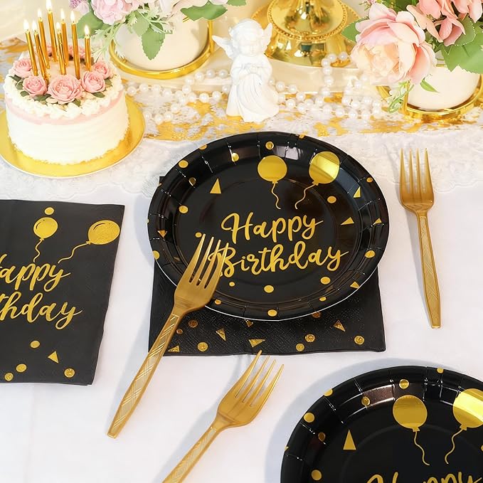 75 Pcs Happy Birthday Paper Plates,Serves 25 Guests Black Gold Plates and Napkins with Gold Forks,Disposable Paper Tableware Set for Birthday Party Decorations
