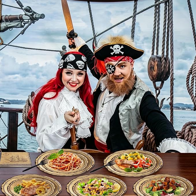 100 Pcs Pirate Party Supplies for 25 Guests, Heavy-Duty 7" & 9" Paper Plates, 2-Ply 13" Napkins & Plastic Forks, Disposable Tableware Set for Treasure Map Theme Party