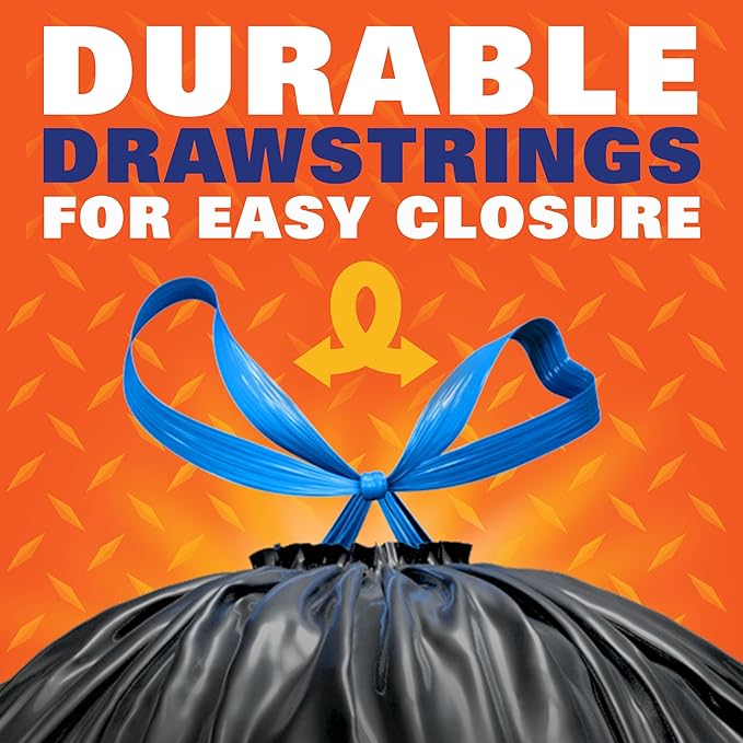 Hefty Strong 30 Gallon Trash Bags, Large Trash Bags 30 Gallon Size, Durable Drawstring Enclosure, Resists Punctures, Leaks, and Tears, Black, Unscented, 56 Bags (Pack of 3)
