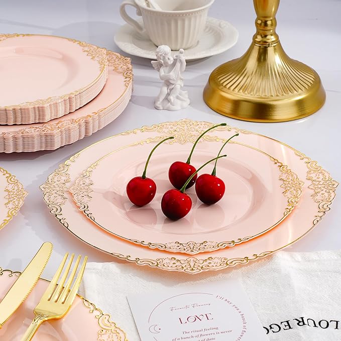 Realluck 350 PCS Pink and Gold Plastic Plates, Plastic Dinnerware Set for 50 Guests, 100 Disposable Plates, 150 Silverwares, 50 Cups, 50 Napkins for Party, Wedding, Graduation