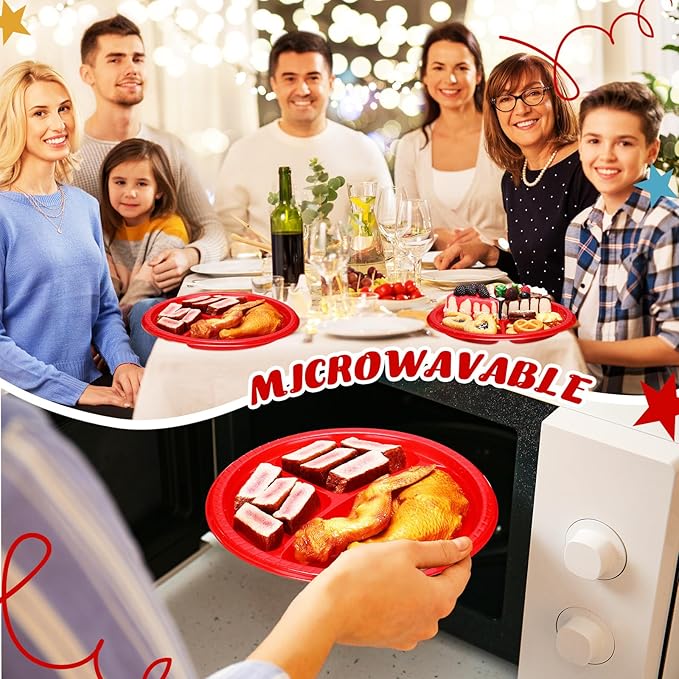 Teenyyou 50 Pcs 10 Inch Plastic 3 Compartment Divided Plates Heavy Disposable Plates Duty Round Dinner Plates with Dividers for Wedding Birthday Party Dinnerware(Red)