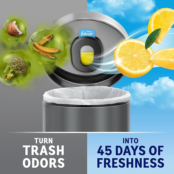 Febreze Trash Odor Fighter, Trash Can Air Freshener, Stick-On Deodorizer for Garbage Cans, Diaper Pails, Works with Scented Trash Bags, Fresh Lemon and Linen & Sky Scents, 2 Holders + 2 Refills