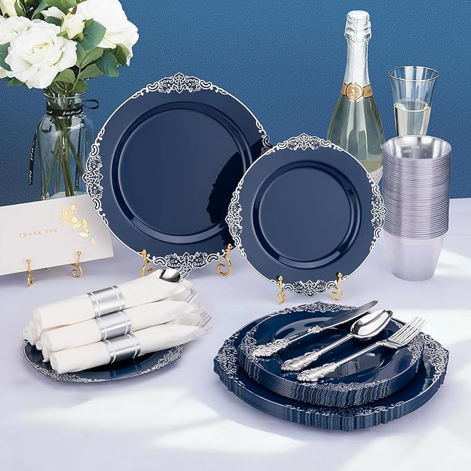 Bestluck 350PCS Navy Blue Plates for 50 Guests, Disposable Dinnerware Sets Include 100 Plastic Plates, 50 Silverwares, 50 Cups, and 50 Pre Rolled Napkins for Party, Wedding and Graduation