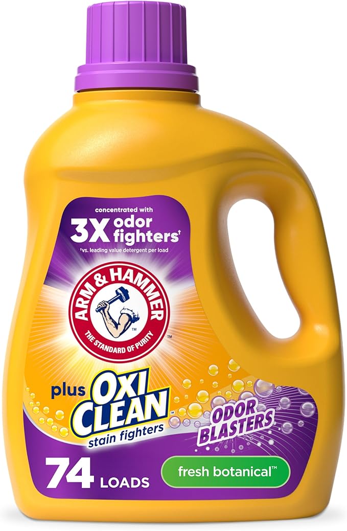 ARM & HAMMER Plus OxiClean with Odor Blasters Liquid Laundry Detergent, Laundry Odor Remover, Attacks Stains, Fresh Botanical Scent, 74 Loads, 96.2 Fl Oz