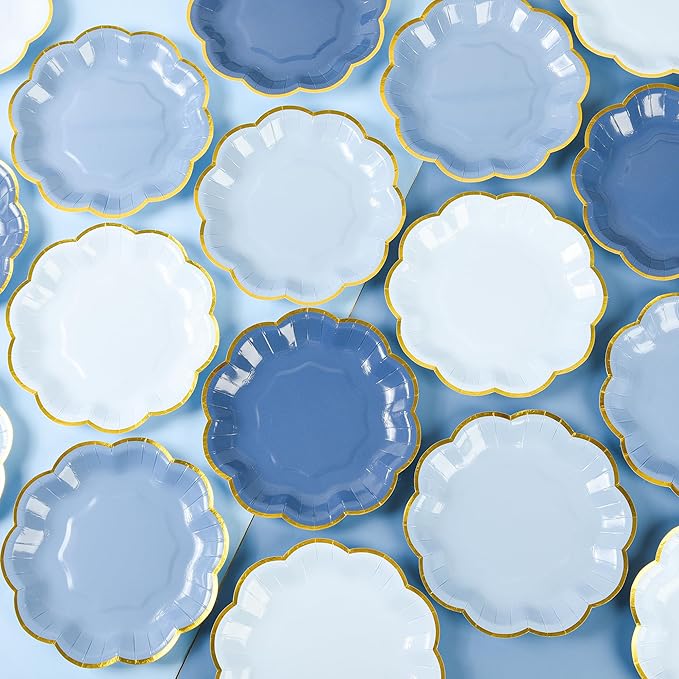 AimFun 24 Pcs Dusty Blue Party Plates Gradient Blue Dessert Paper Plate 7 Inch Gold Foil Scalloped Edge Disposable Cake Plates for Father’s Day Birthday Bridal Baby Shower Wedding Party Supplies