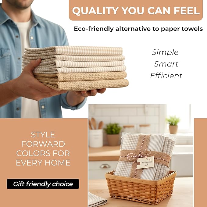 Cotton Dish Towels For Kitchen Drying - Highly Absorbent Beige Striped Gingham Plaid Tea Towels - 18"X28" Set Of 6 Farmhouse Linen Dishtowels In Bulk - Pano De Prato Para Cozinha - T Towles Towls