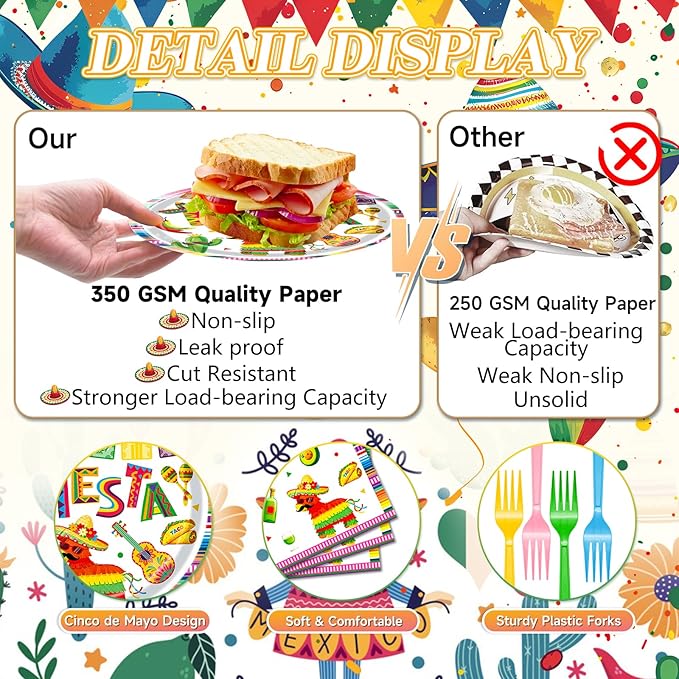 96 Pieces Mexican Fiesta Plates and Napkins, Cinco de Mayo Disposable Tableware with Paper Plates, Napkins, Plastic Forks for Mexican Themed Party, Taco Tuesday, Fiesta Party Supplies, Serves 24