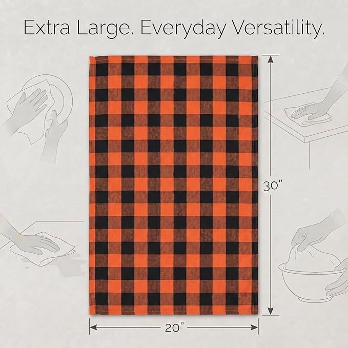 Urban Villa Halloween Kitchen Towels Set of 6 Dish Towels Size 20''x30'' Buffalo Checks Orange/Black 100% Cotton Highly Absorbent Quick Drying Dish Cloths & Dish Towels with Hanging Loop Tea Towels
