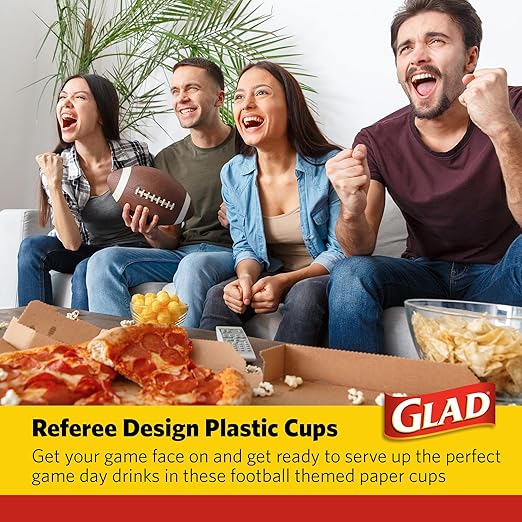Glad Everyday Clear Plastic Cups with Referee Football Print - Sturdy Disposable Drinking Cups for Game Day, Parties, and Everyday Use, Recyclable #5 Plastic, 18 oz, 50 Count