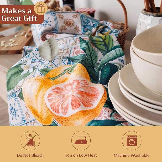 Maison d' Hermine Kitchen Towels Set of 3 100% Cotton 27.50" x 20" Reusable Cloth Tea Dish Towels Absorbent with Hanging Loop for Kitchen Farmhouse Hotel Spring Summer - Agrume