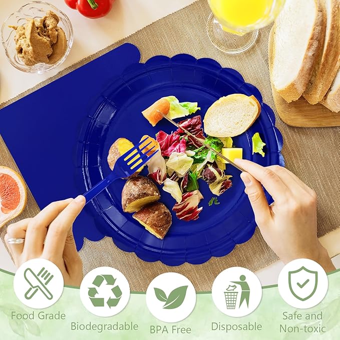 Mulbozy 100 Royal Blue Plates and Napkins Disposable Set Includes 25-9" & 25-7" Dessert Cake Scalloped Plates, Cocktail Napkins, Forks for for Holiday Party Supplies