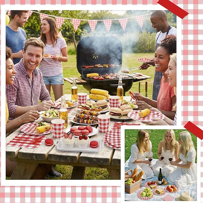 NatNarr 175 Pcs Gingham Party Supplies Include Red Gingham Plates and Napkins Cups Plastic Cutlery Disposable Picnic Party Decorations for Bbq, Pizza, Patriotic, Mothers Day