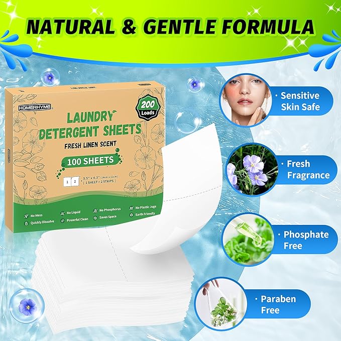 Laundry Detergent Sheets - Fresh Linen Scent, 200 Loads (100 Sheets), Plastic Free Laundry Sheets for Travel, Dorms, Home, Apartments, Eco & Hypoallergenic