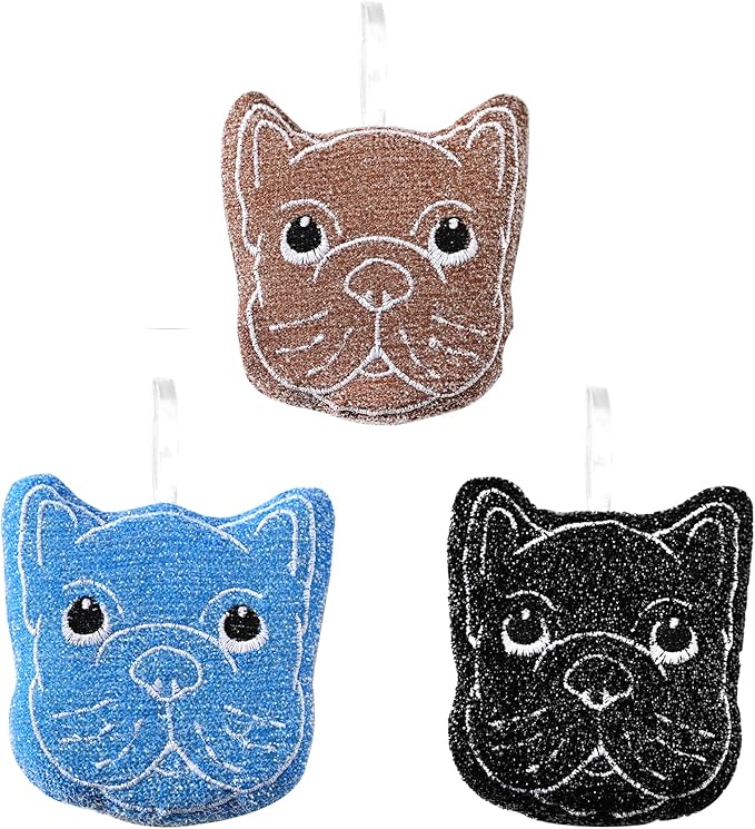 Fox Run Bulldog Kitchen Scrubber Set, Multicolor Pack of 3 Dog Sponges, 4.25" Non-Abrasive Cleaning Pads
