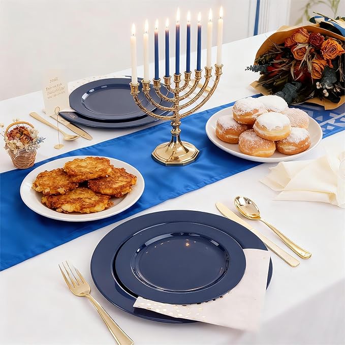 FLOWERCAT 100PCS Blue Plastic Plates - Heavy Duty Blue Disposable Plates for Memorial/Birthday Party/Graducation - Include 50PCS 10.25inch Dinner and 50PCS 7.5inch Dessert/Salad Plates for 50 Guests