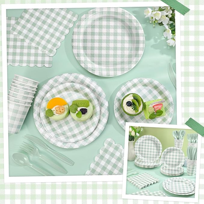 NatNarr 175 Pcs Sage Green Gingham Party Supplies Include Green Plates and Napkins Disposable Checkered Dinnerware Set for Baby Bridal Shower, Wedding, Birthday, Picnic