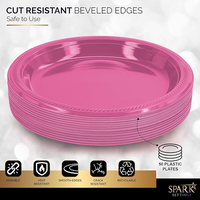 Amcrate Bright Pink Disposable Dinner Plates, 10.4 Inches, Strong & Sturdy for Party, Picnic, Travel - Pack of 50