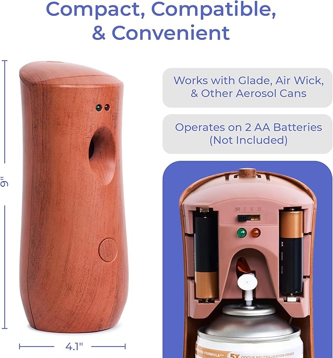 Automatic Air Freshener Spray Dispenser: Automatic Spray Dispenser with Elegant Wood Design for Commercial or Home Use (1-Pack), Battery Powered Free Standing or Wall Air freshener, Three Time Release