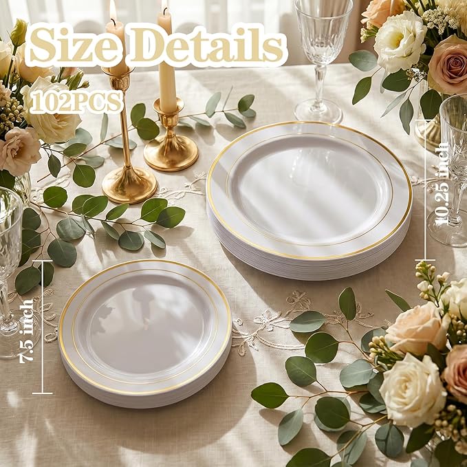 I00000 102 Pieces Gold Plastic Plates, Disposable Party Plates White Gold Rim, 51 Disposable Gold Dinner Plates 10.25 Inch and 51 Disposable Dessert Appetizer Elegant Fancy Wedding Plates 7.5 Inch