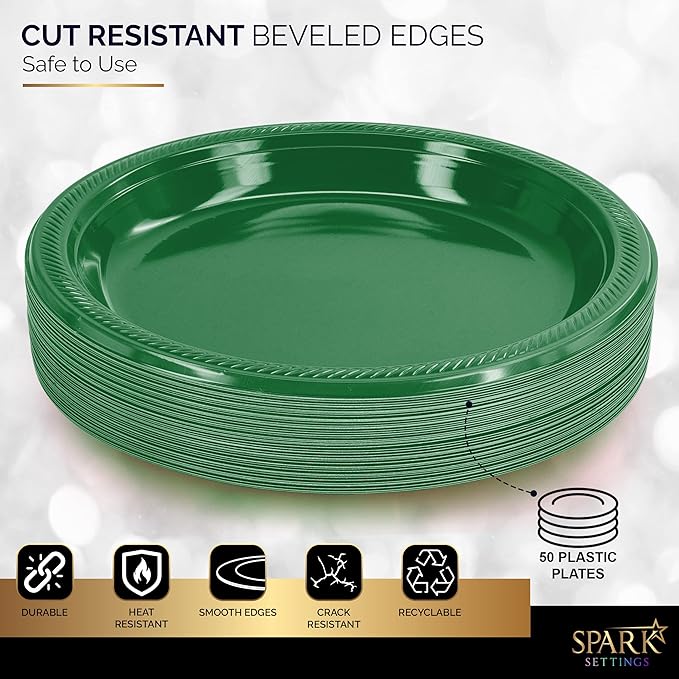 Amcrate Plastic Plate, 10.4 inches, Disposable, Green, Set of 50