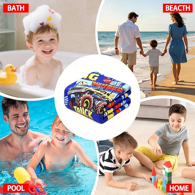 Hooded Towels for Kids - Superfine Fiber Monster Truck Toddler Hood Bath Towels Beach Hooded Poncho Absorbent Pool Toddler Swim Bath Wrap for Boys & Girls 3-10 Years Beach Essentials, 50*30 inches