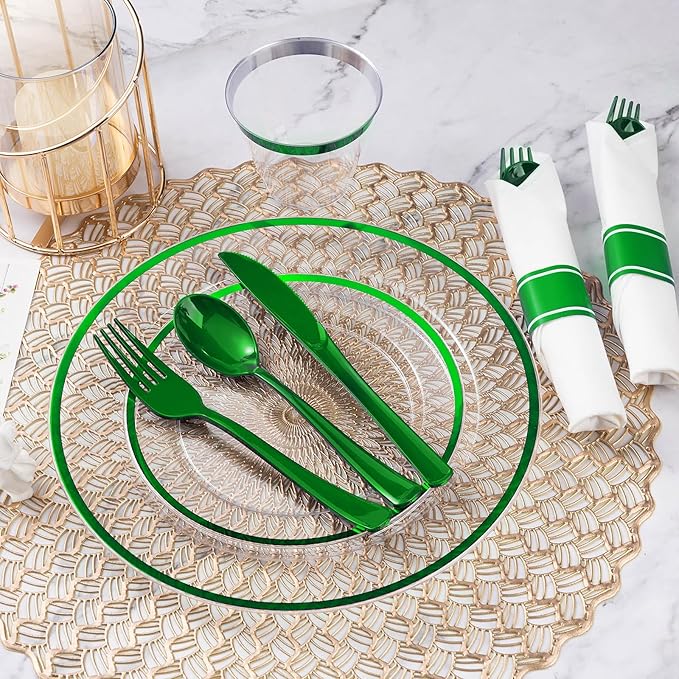 Goodluck 350Pcs Green Plastic Dinnerware Set for St. Patrick's Day, Clear Disposable Plates for 50 Guests, Include 50 Dinner Plates, 50 Dessert Plates, 50 Pre Rolled Napkins with Cutlery Set, 50 Cups