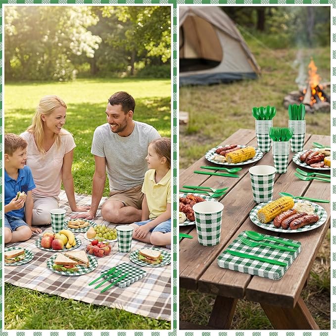 NatNarr 175 Pcs Gingham Party Supplies Include Green Gingham Plates and Napkins Cups Plastic Cutlery Disposable Green Checkered Plates Set for St Patricks Day, Picnic, Baby Shower, Golf Party