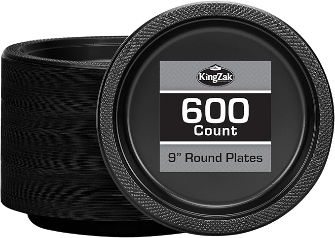 Hanna K. Signature Black Plastic Plates 9 Inch - 600 count - Plastic Solid Round Party Plates For Weddings, BBQs, Birthday Plates - Disposable Black Plates - Plastic Dessert Plates
