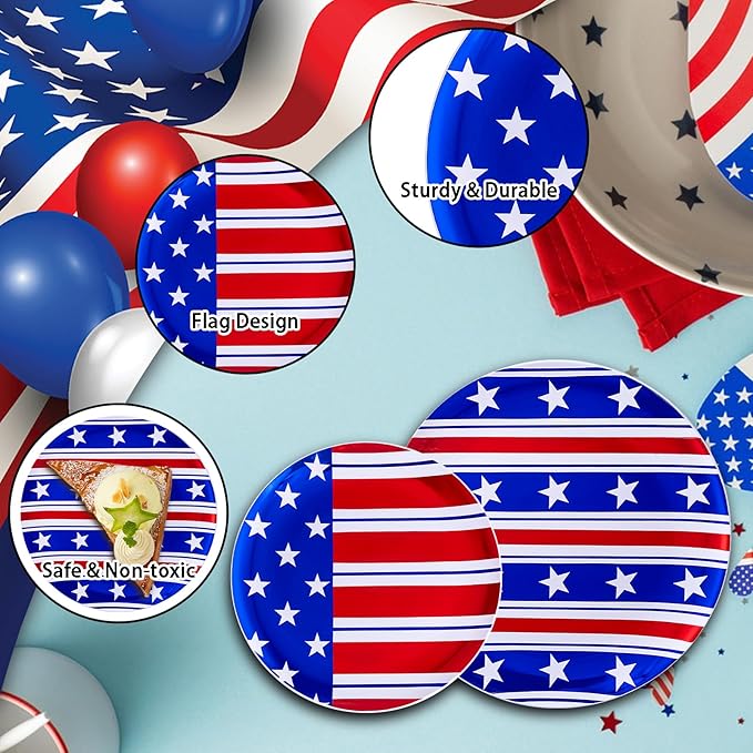 Festiva 175Pcs 4th of July Plates & Red White Blue Disposable Plastic Silverware &Clear Blue Cups-American Flag Patriotic Party Supplies for,4th of July&Memorial Day