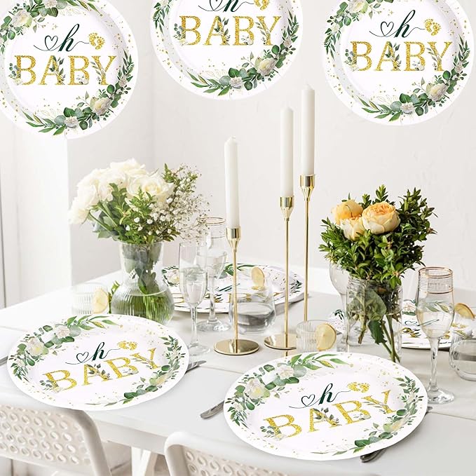 50Pcs Sage Green Baby Shower Round Plates 10'' Large Heavy Duty Disposable Green Eucalyptus Leaves Paper Plates Greenery Neutral Dessert Platters for Boys Girls Birthday Party Supplies Table Decor