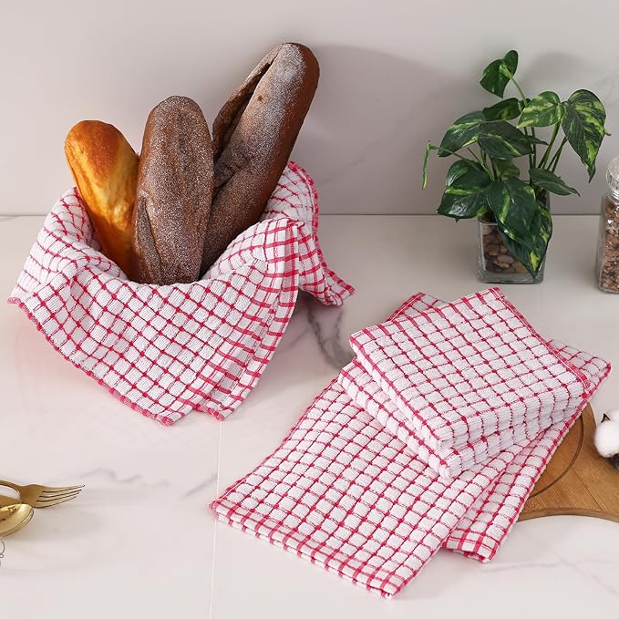Homaxy Kitchen Towels and Dishcloths Set, 16 x 25 and 12 x 12 Inches, Set of 12 Cotton Terry Kitchen Dish Towels, Super Soft and Absorbent Dish Cloths, Red