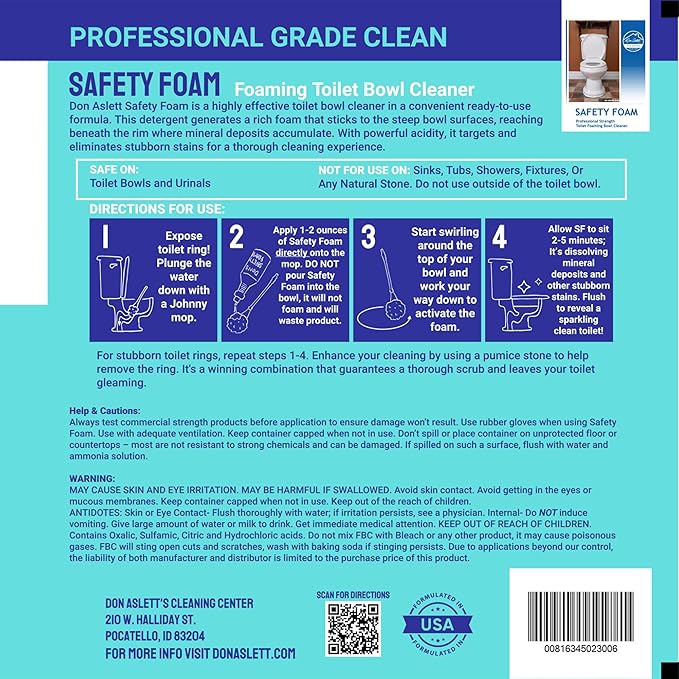 Don Aslett Safety Foam Toilet Bowl Cleaner (32 Oz Bottle, Pack of 2) Acidic Detergent and Deodorizer | Cleans Hard Water and Mineral Stains in Porcelain Toilets