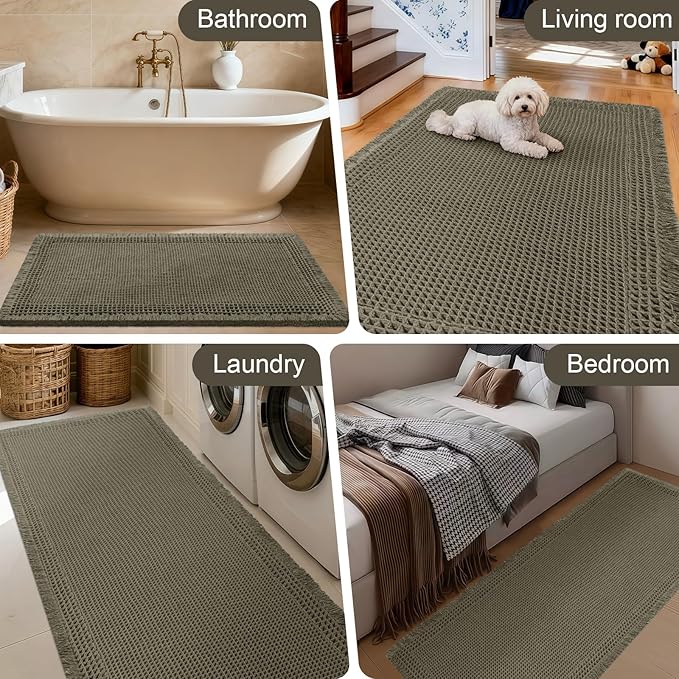 Upgraded Waffle Bath Mat Set 2 Piece Greyish Green-Bordered, Super Absorbent Non-Slip Quick Dry Bathroom Rugs with Tassels, Machine Washable Ultra Soft Boho Bath Rugs, Toilet Mats Boho Farmhouse Decor