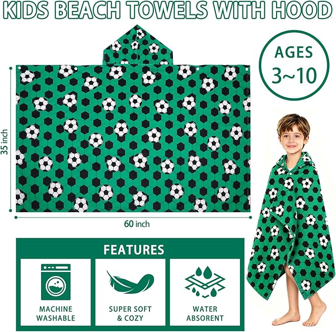 Hooded Towels for Kids - Superfine Fiber Soccer Toddler Hood Bath Towels Beach Hooded Poncho Absorbent Pool Toddler Swim Bath Wrap for Boys & Girls 3-10 Years Beach Essentials, 60 * 35 inches